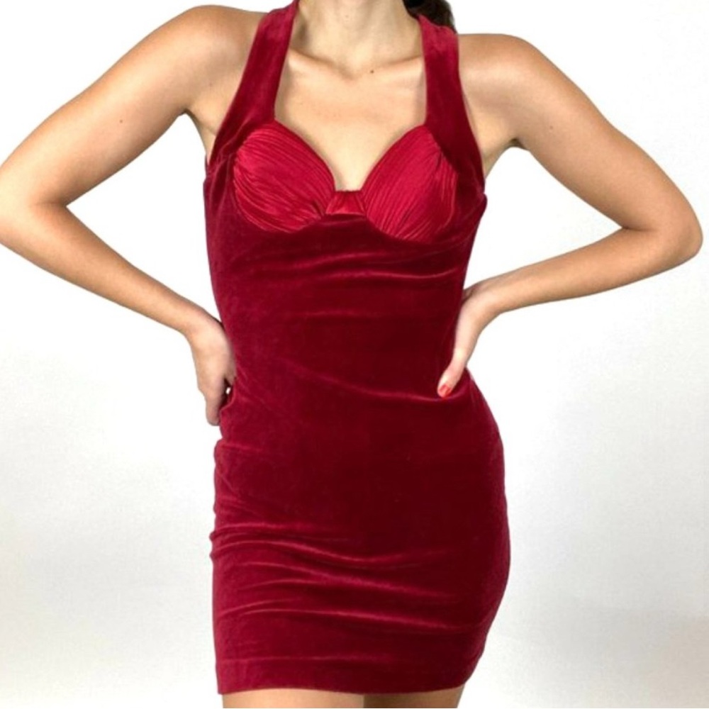 Vintage 90s Karen Okada Red Velvet Bustier Mini Dress